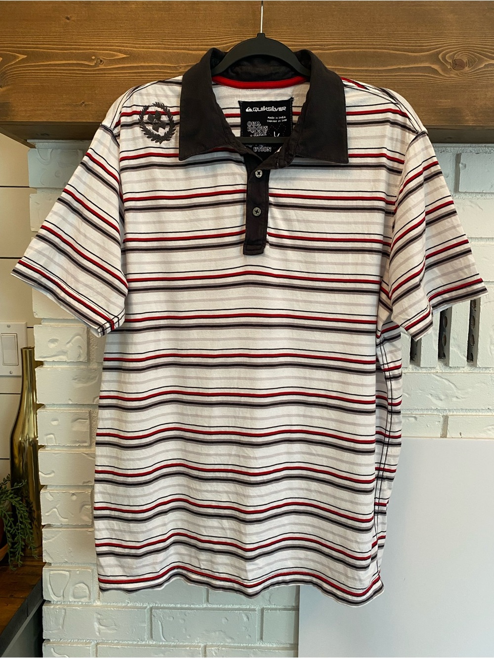 Quiksilver Y2K Polo Shirt Mens L White Striped Casual Surf Skater 90s Streetwear